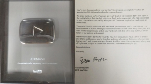 Mencapai 100 Ribu Subscribers, JC Channel Mendapatkan Silver Button langsung dari CEO Youtube
