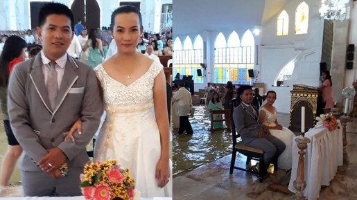 Keren! Meski Gerejanya Banjir, Pasangan Ini Tetap Lanjutkan Pemberkatan Nikah