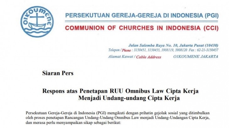 Responi Penetapan RUU Omnibus Law, PGI Pandang Situasinya Tidak Tepat & Kecam Demo Anarkis