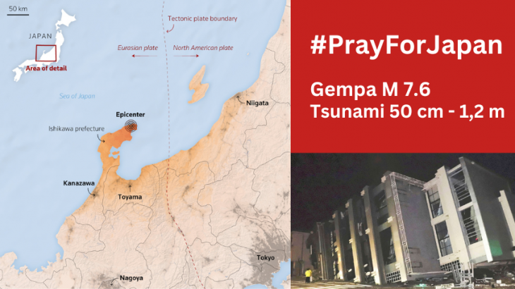 Gempa M 7.6  Guncang Jepang di Tahun Baru, Tsunami 50 cm sampai 1,2 Meter