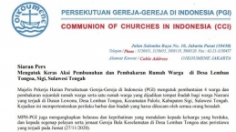 PGI Kutuk Pembantaian Warga dan Pembakaran Rumah di Sigi, Sulawesi Tengah